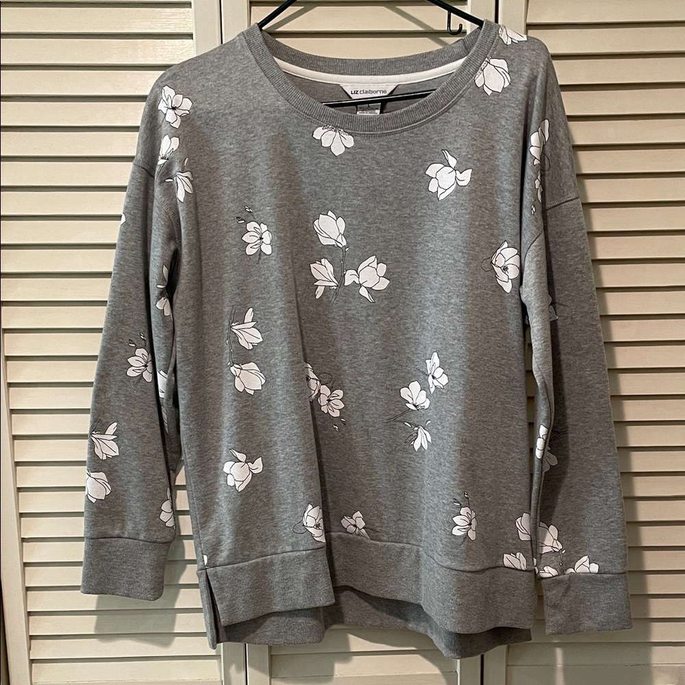 Liz Claiborne Gray Sweatshirt with White Floral Design